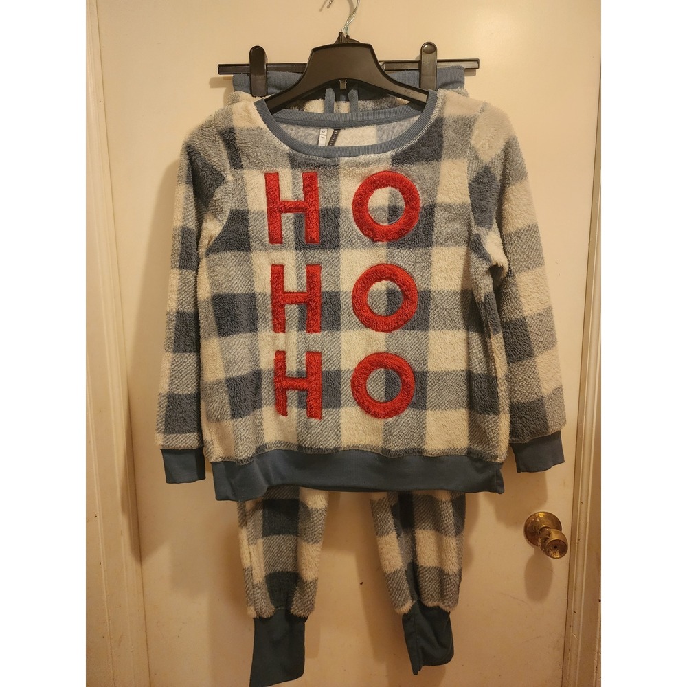 Jaclyn Intimates Ho Ho Ho Blue Plaid Sherpa Fleece Pajama Set Womens Medium